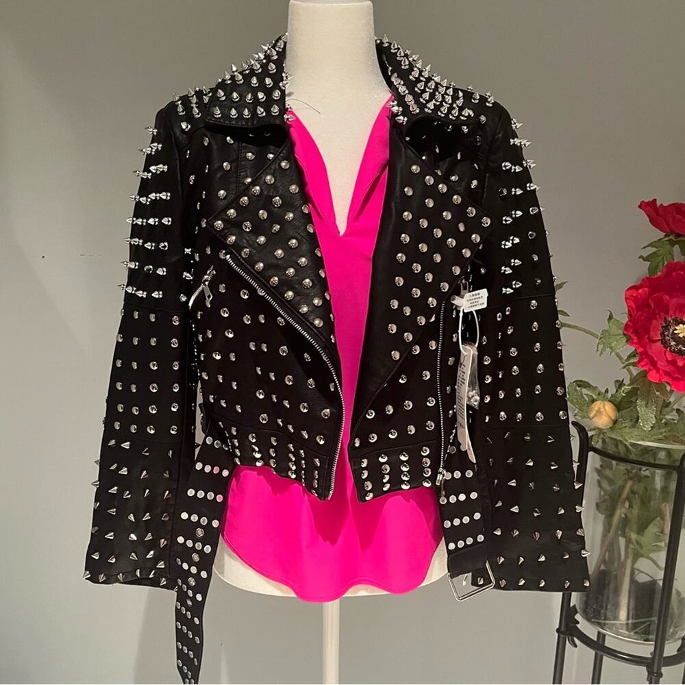 NEW CUSTOM Belted Studded Spike Rivet Moto Cropped Biker Jacket Black Un…